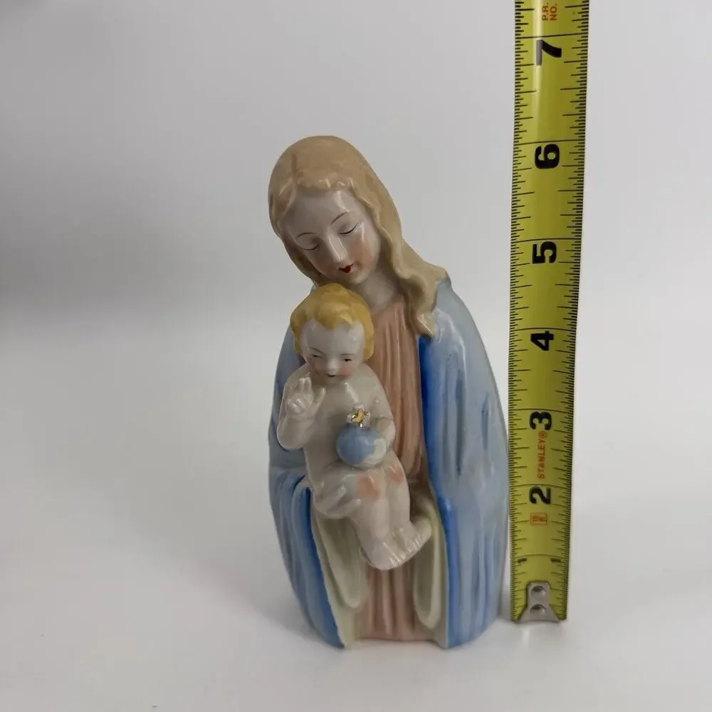 Vintage MCM Madonna Jesus Figurine Porcelain Glazed Catholic Blue Orb 50s 60s